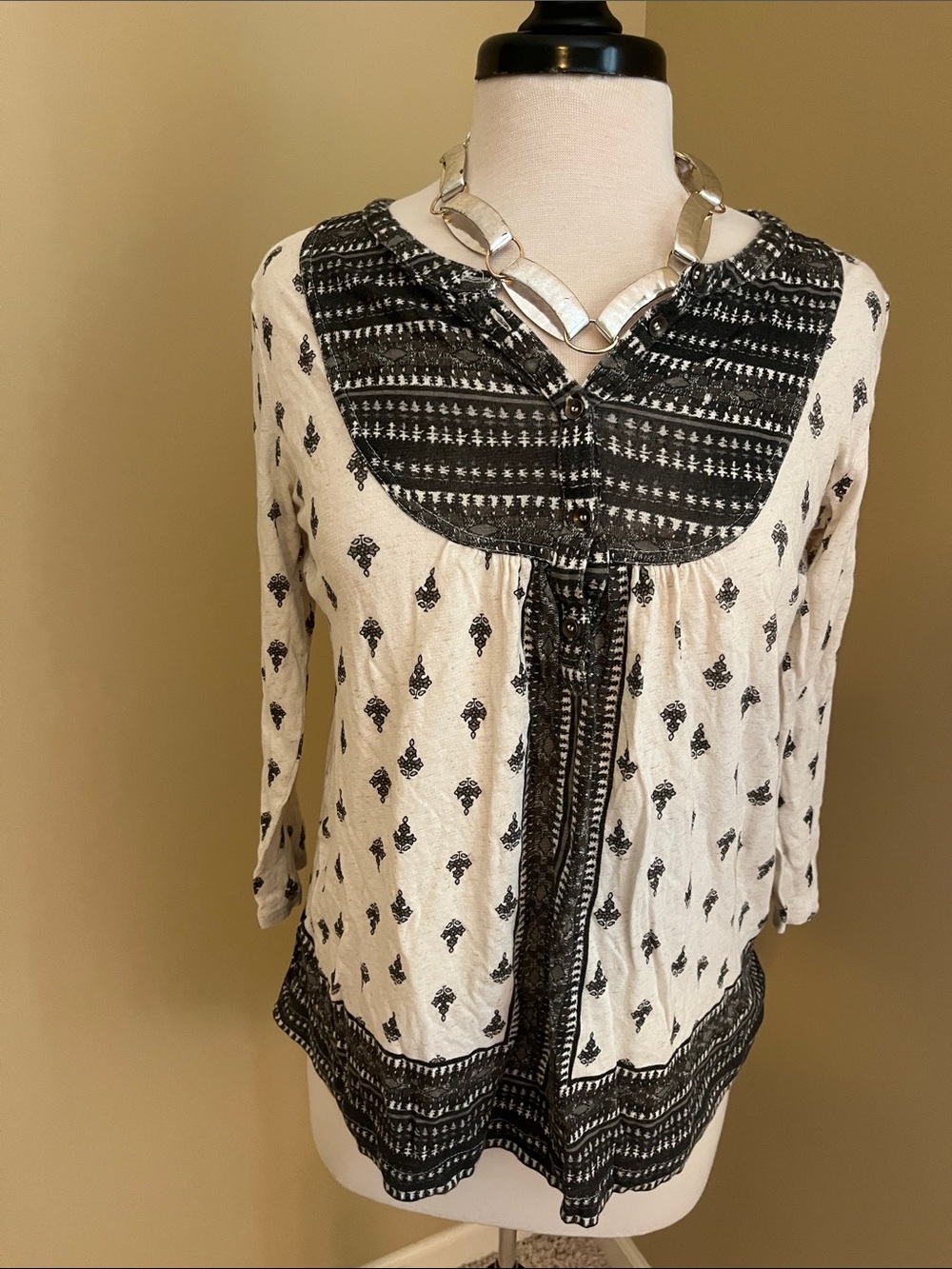 Lucky Brand Black & Cream Printed Button-Front Peasant Top